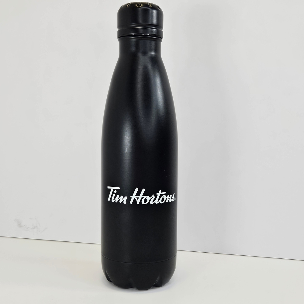 Tim Hortons Water Bottle 18 Oz Metal Black White Logo